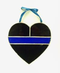 Thin Blue Line Stained Glass Heart Suncatcher, Police Symbol