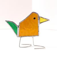 Stained Glass Standing Bird, Funky Amber Orange and Green Glass Bird Suncatcher, Bird Lover Gift, Windowsill Sitter
