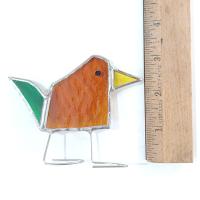 Stained Glass Standing Bird, Funky Amber Orange and Green Glass Bird Suncatcher, Bird Lover Gift, Windowsill Sitter