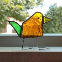 Stained Glass Standing Bird, Funky Amber Orange and Green Glass Bird Suncatcher, Bird Lover Gift, Windowsill Sitter