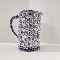 Vintage Large Blue and White Spongeware Ceramic Pitcher with Amish Couple Silhouette Design, Flower Vase
