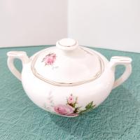 Vintage Canonsburg Moss Rose Covered Sugar Bowl, MCM Pink Floral Sugar Bowl