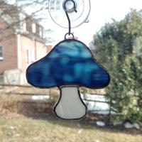 Stained Glass Mushroom Suncatcher, Blue Youghiogheny Glass
