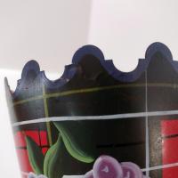 Vintage Jane Keltner Toleware Painted Metal Vase with Fruit and Plaid Design, Signed Keltner Two's Company Tole Cone Vase