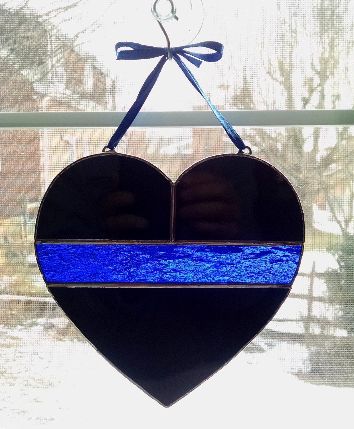 Thin Blue Line Stained Glass Heart Suncatcher, Police Symbol