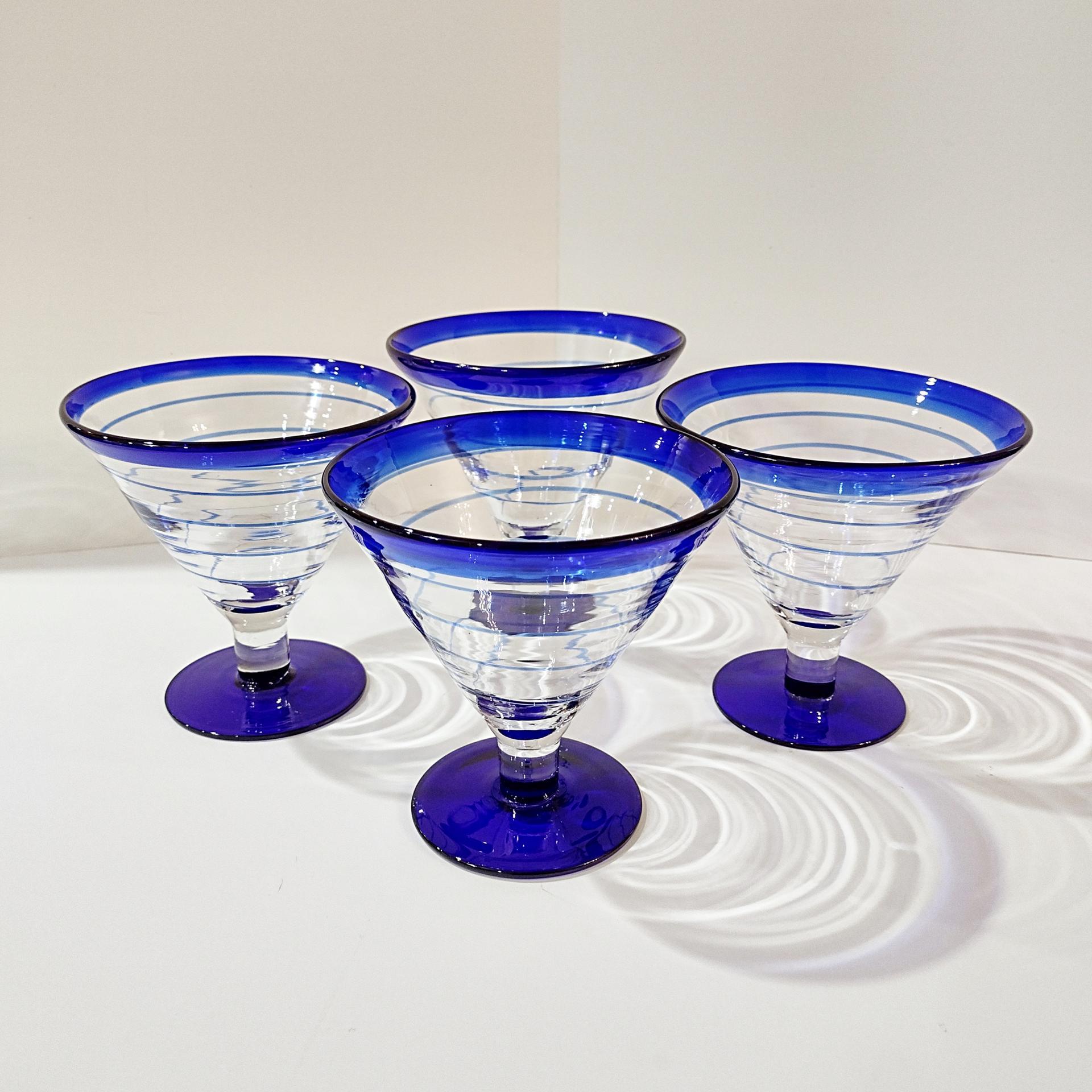 Vintage Hand Blown Margarita / Martini Glasses, Set of Four, Blue and Clear Swirled Glasses