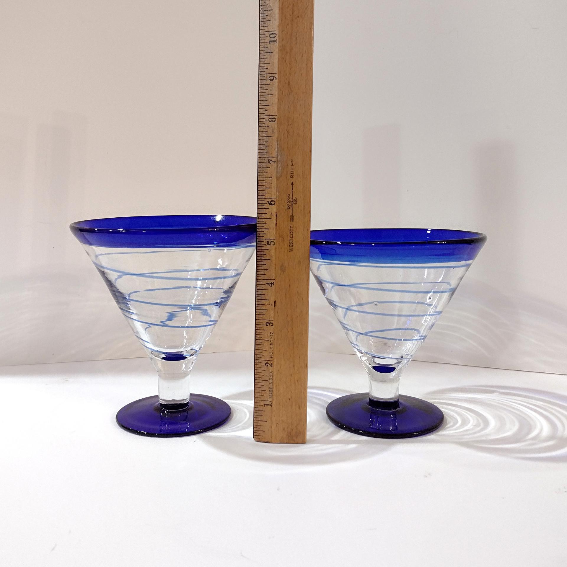 Vintage Hand Blown Margarita / Martini Glasses, Set of Four, Blue and Clear Swirled Glasses