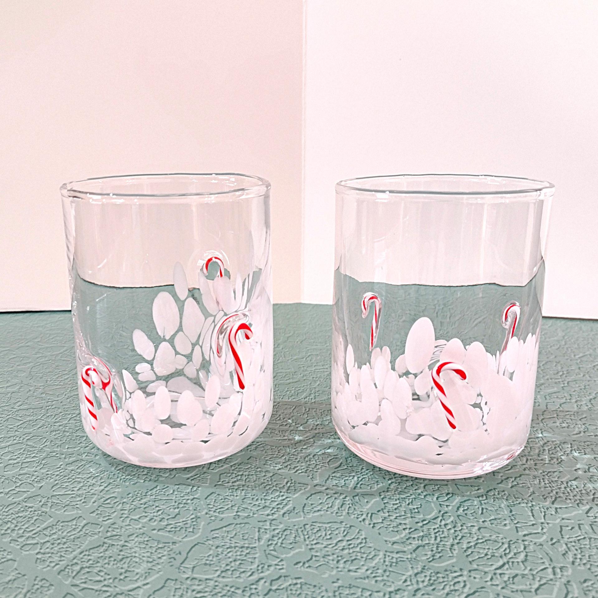 Vintage Double Old Fashioned / Whiskey Blown Glass Holiday Candy Cane Glasses, Set of Two, Festive Christmas Barware
