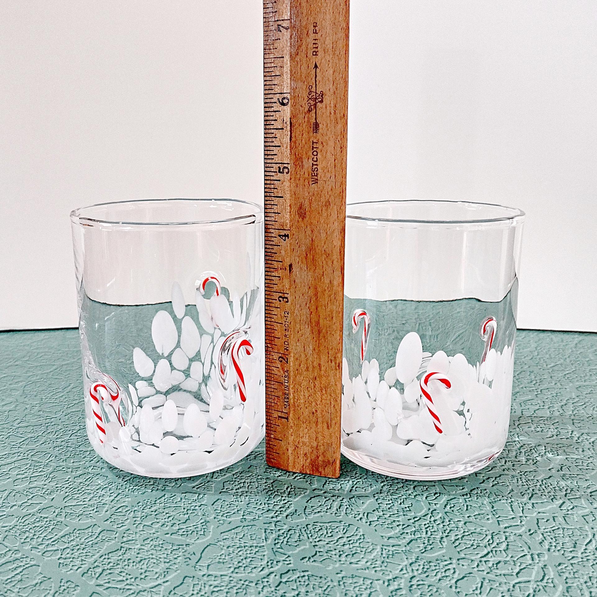 Vintage Double Old Fashioned / Whiskey Blown Glass Holiday Candy Cane Glasses, Set of Two, Festive Christmas Barware