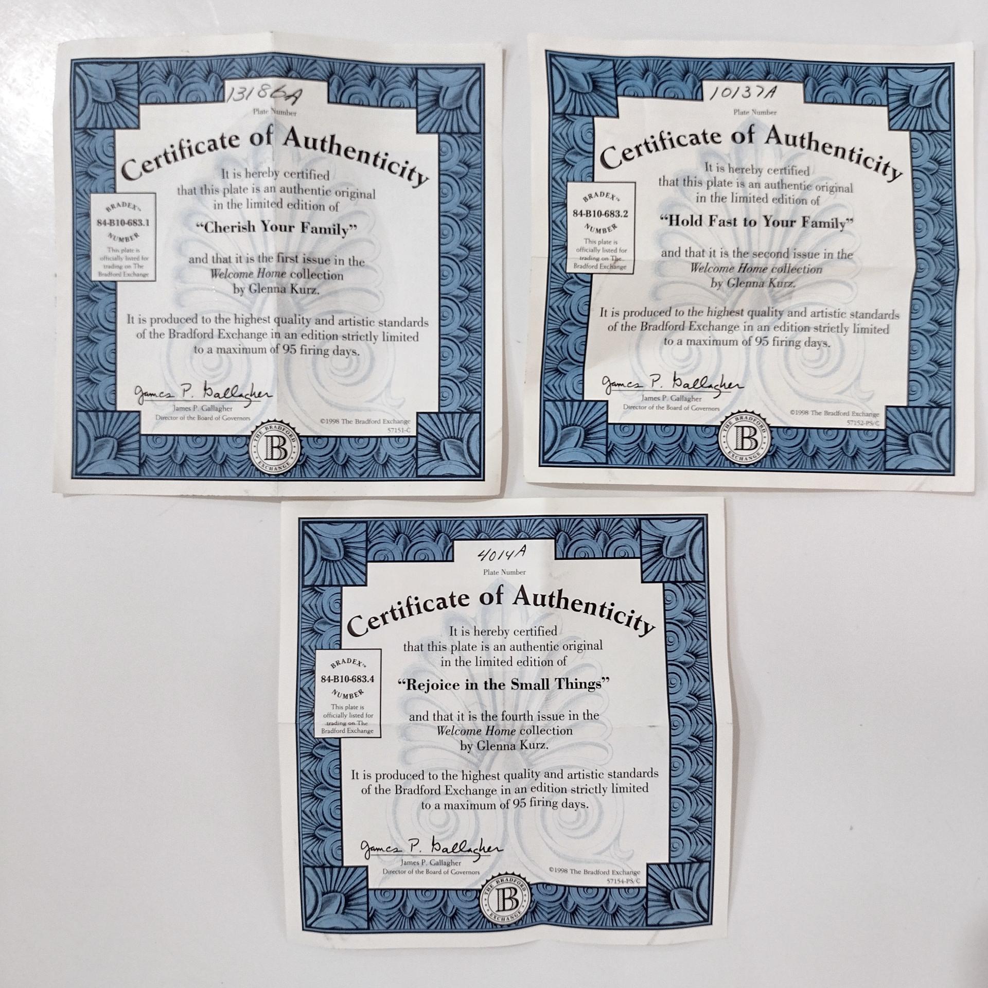 Vintage Bradford Exchange Welcome Home Series Collectible Plates, Set of 3, Hold Fast to Your Family, Cherish Your Family, Rejoice in the Small Things