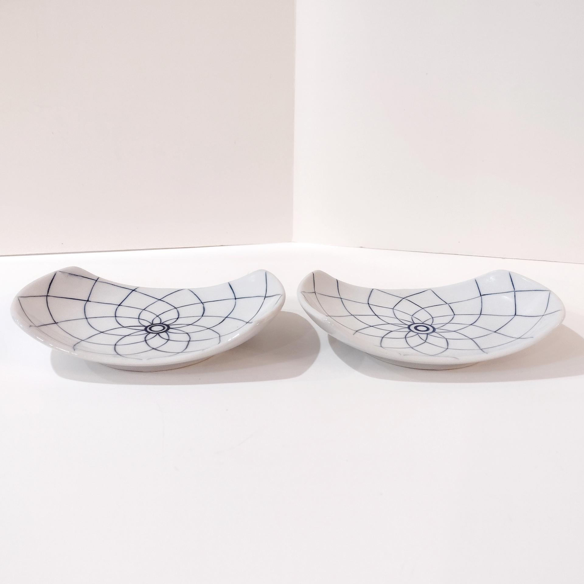 Vintage Blue and White Japanese Lotus Sushi Plates, Set of Two, Appetizer Plates, Trinket Trays