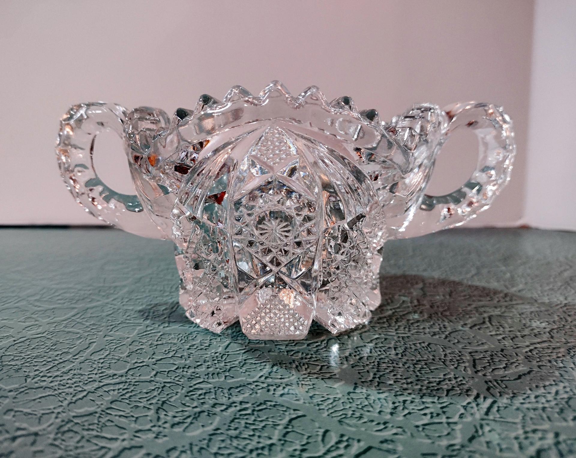 Vintage Antique Imperial Nucut Glass Sugar Bowl, Double Handled Clear Glass Sugar Bowl, UV Reactive Manganese Glass
