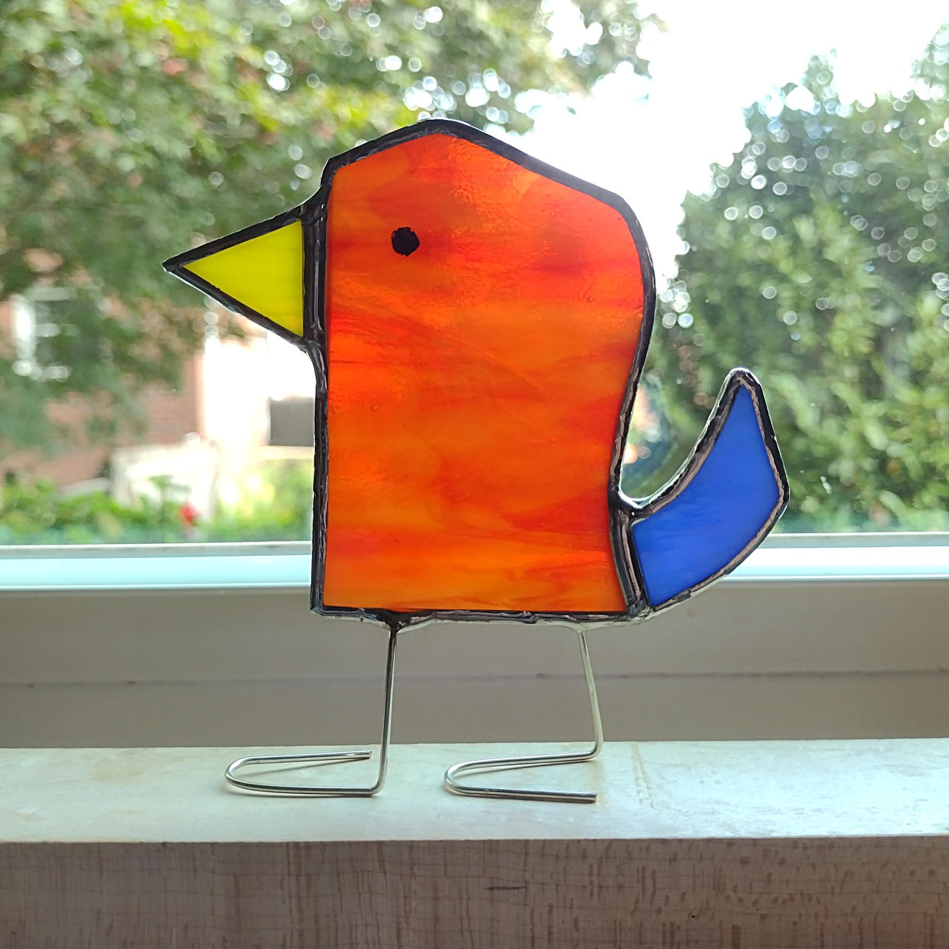 Stained Glass Standing Bird, Funky Red and Blue Glass Bird Suncatcher, Bird Lover Gift, Windowsill Sitter