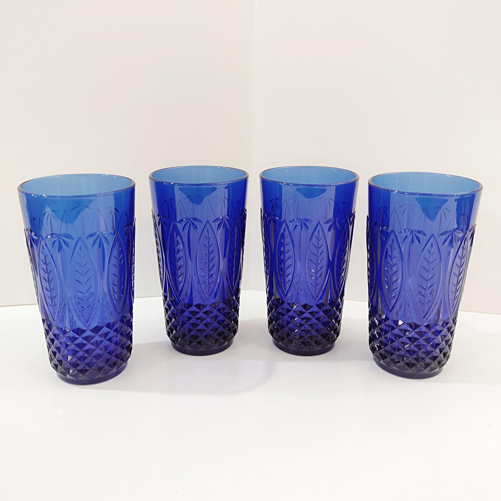 Vintage Arcoroc Avon Royal Sapphire Blue Flat Tumblers, Set of Four, Cobalt Blue Drinking Glasses with Diamond Leaf Pattern