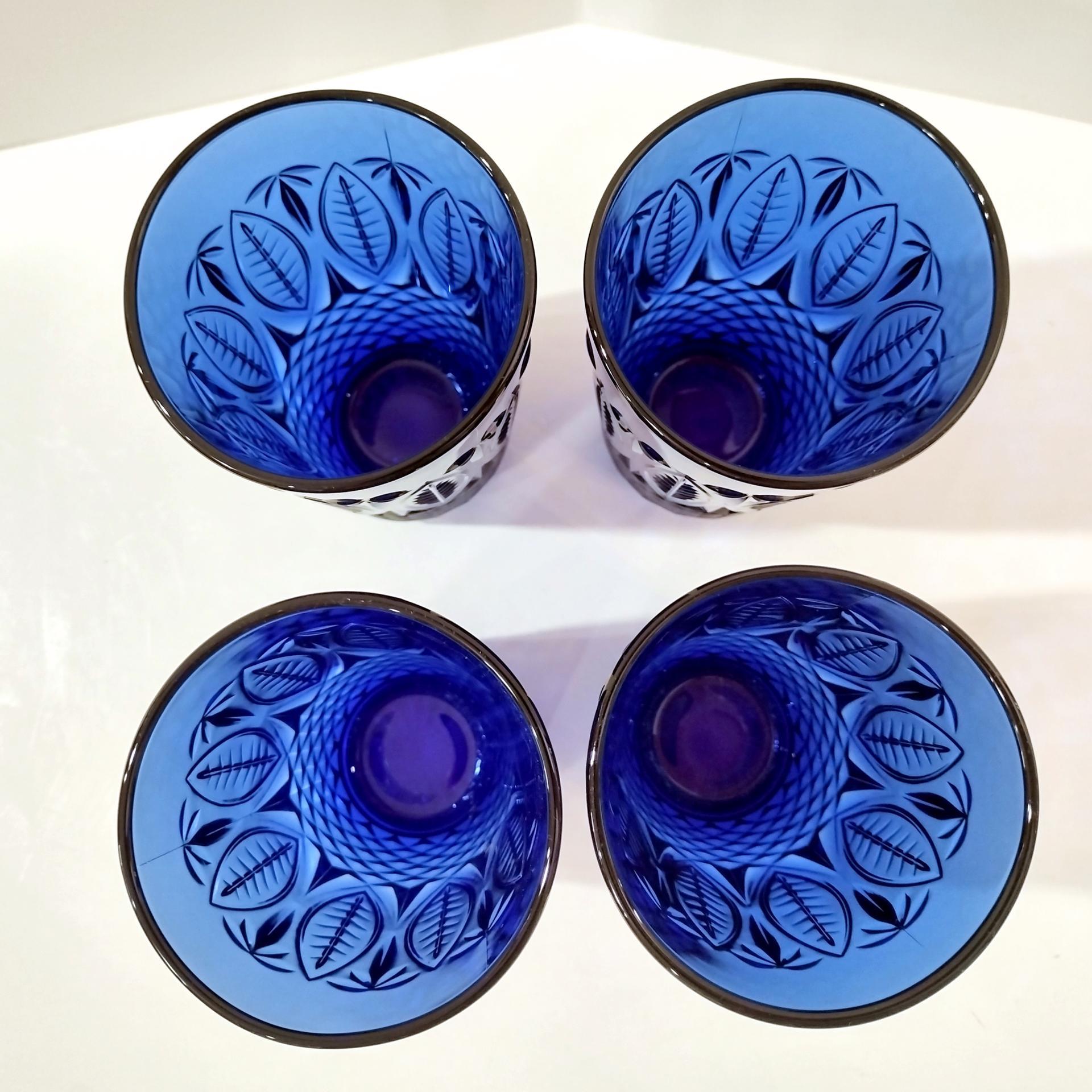 Vintage Arcoroc Avon Royal Sapphire Blue Flat Tumblers, Set of Four, Cobalt Blue Drinking Glasses with Diamond Leaf Pattern