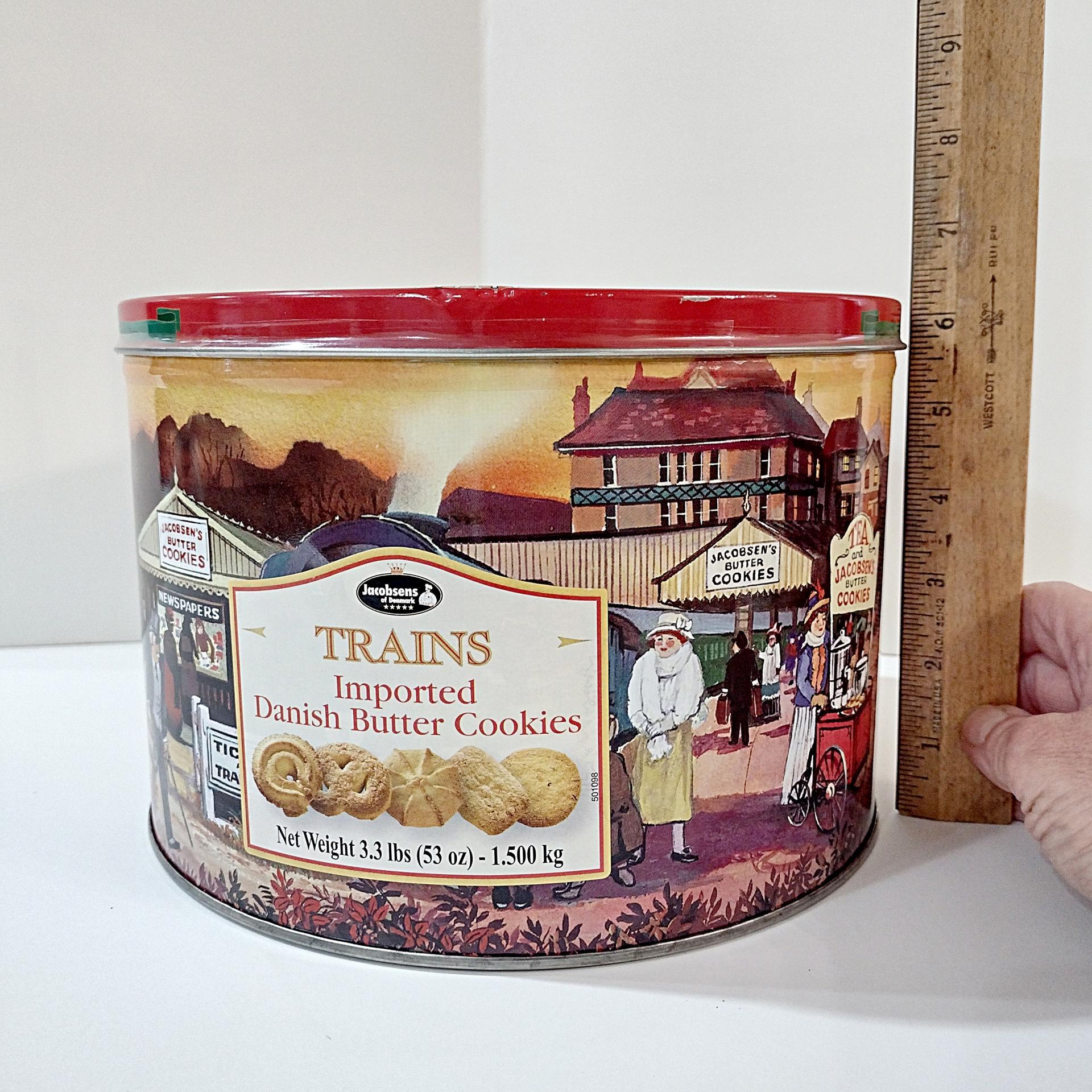 Vintage Jacobsen's of Denmark Butter Cookie Train Station Tin, Large Round Train Themed Metal Storage Tin.