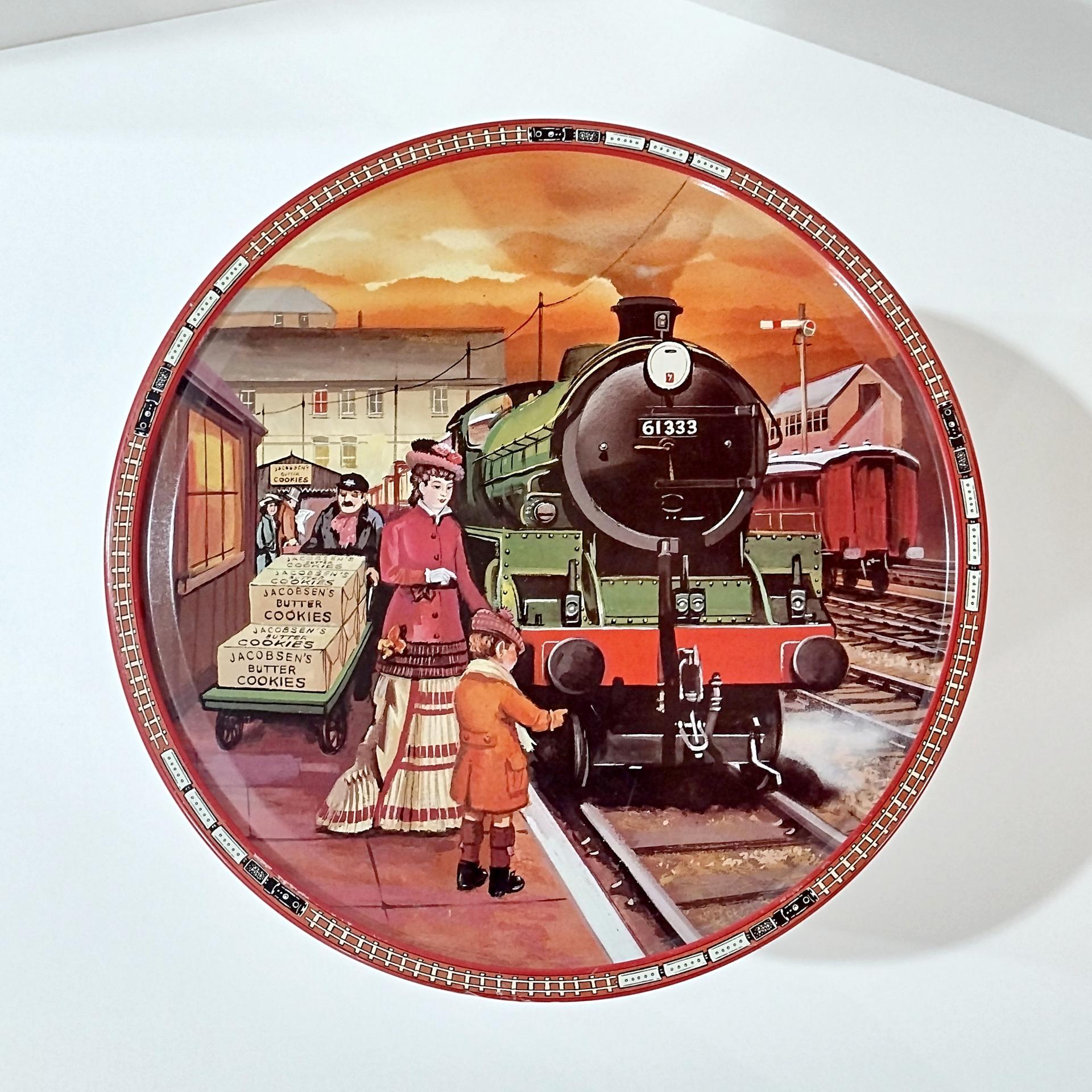 Vintage Jacobsen's of Denmark Butter Cookie Train Station Tin, Large Round Train Themed Metal Storage Tin.