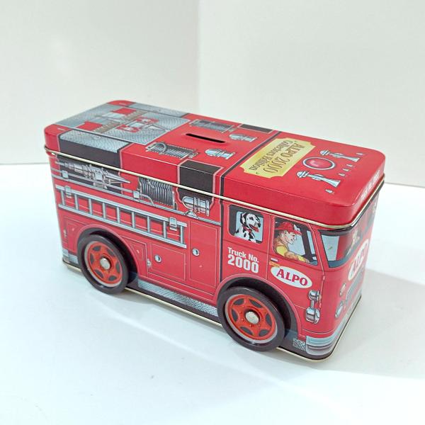Vintage Alpo Millennium Fire Engine Tin Coin Bank, Rolling Fire Truck Tin Storage Container, Y2K Collectible Tin