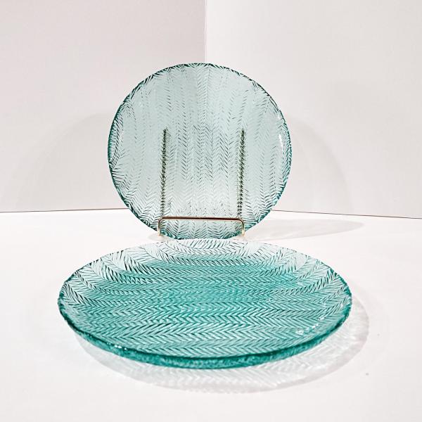Vintage Arcoroc Turquoise Herringbone 7.5 Inch Blue Glass Salad Dessert Appetizer Plates, Set of Two, Multiple Sets Available