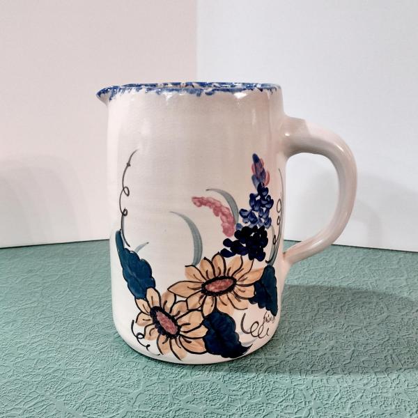 Vintage Floral Design Large Ceramic Pitcher, Ellis Prod Marshall Texas Hand Painted Signed Spongeware Pitcher