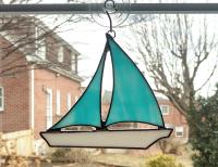 Stained Glass Sailboat Suncatcher, Aqua Blue Swirled