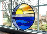 Moon and Sun Over Water Round Stained Glass Panel, Ocean Sunset