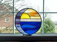 Moon and Sun Over Water Round Stained Glass Panel, Ocean Sunset