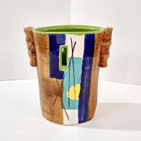 Vintage Hand Crafted Abstract Ceramic Vase or Utensil Holder, Blue Green Yellow Brown Signed Studio Pottery Vessel