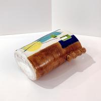 Vintage Hand Crafted Abstract Ceramic Vase or Utensil Holder, Blue Green Yellow Brown Signed Studio Pottery Vessel