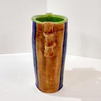 Vintage Hand Crafted Abstract Ceramic Vase or Utensil Holder, Blue Green Yellow Brown Signed Studio Pottery Vessel