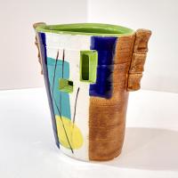 Vintage Hand Crafted Abstract Ceramic Vase or Utensil Holder, Blue Green Yellow Brown Signed Studio Pottery Vessel