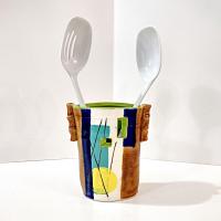 Vintage Hand Crafted Abstract Ceramic Vase or Utensil Holder, Blue Green Yellow Brown Signed Studio Pottery Vessel