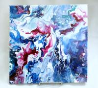 Blue and Bright Pink Abstract Original Acrylic Pour Painting, 12" x 12", Fluid Art Painting