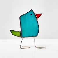 Stained Glass Standing Bird, Funky Glass Bird, Aqua Blue and Green Bird Suncatcher, Windowsill Free Standing Bird