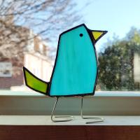 Stained Glass Standing Bird, Funky Glass Bird, Aqua Blue and Green Bird Suncatcher, Windowsill Free Standing Bird