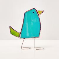 Stained Glass Standing Bird, Funky Glass Bird, Aqua Blue and Green Bird Suncatcher, Windowsill Free Standing Bird