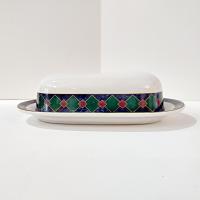 Vintage Pfaltzgraff Amalfi Classic Ceramic Butter Dish, Blue and Green Geometric Design Covered Butter Dish