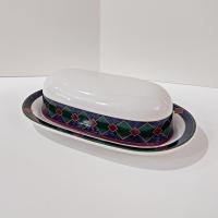Vintage Pfaltzgraff Amalfi Classic Ceramic Butter Dish, Blue and Green Geometric Design Covered Butter Dish