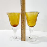 Vintage Hand Blown Amber Bubble Glass Wine Water Goblets, Set of 2