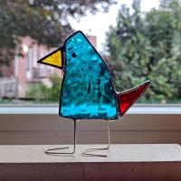 Stained Glass Standing Bird, Funky Turquoise Blue and Red Glass Bird Suncatcher, Bird Lover Gift, Windowsill Sitter