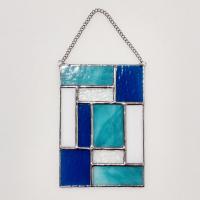 Aqua Blue Geometric Stained Glass Panel Suncatcher, Mondrian Stained Glass Art, Custom Colors Available