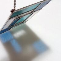 Aqua Blue Geometric Stained Glass Panel Suncatcher, Mondrian Stained Glass Art, Custom Colors Available