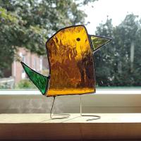 Stained Glass Standing Bird, Funky Amber Orange and Green Glass Bird Suncatcher, Bird Lover Gift, Windowsill Sitter