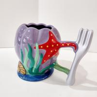 Vintage Disney Parks Little Mermaid Ariel Ceramic Mug, Purple and Red Starfish Shell Mug with Trident Handle