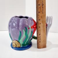 Vintage Disney Parks Little Mermaid Ariel Ceramic Mug, Purple and Red Starfish Shell Mug with Trident Handle