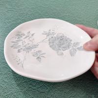 Vintage Blue Gray Rose Ceramic Appetizer Plates, Set of 4, Grace Mitchell Floral Cocktail Plates