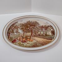Vintage Currier and Ives American Homestead Autumn Oval Metal Serving Tray