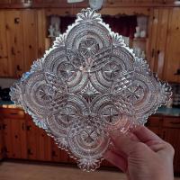 Antique Bryce Higbee Medallion Sunburst Clear Glass Salad Plate, EAPG Glass, UV Reactive Vaseline Glass Dish, Vintage Pressed Glass Plate
