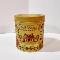Vintage Helen Barrick Folk Art Round Tin, Welcome Home Country Cottage Storage Tin