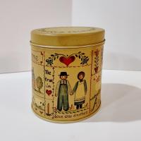 Vintage Helen Barrick Folk Art Round Tin, Welcome Home Country Cottage Storage Tin
